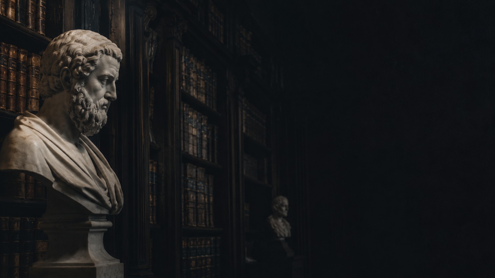 Estante de livros jurídicos com busto clássico, simbolizando tradição e experiência