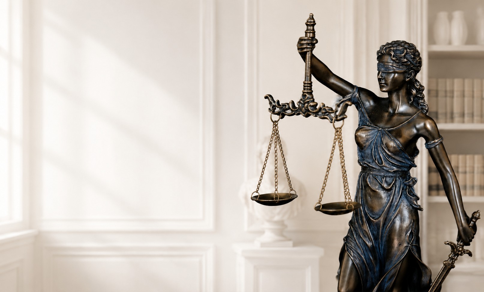 Estátua da Justiça em escritório claro, com estante de livros ao fundo